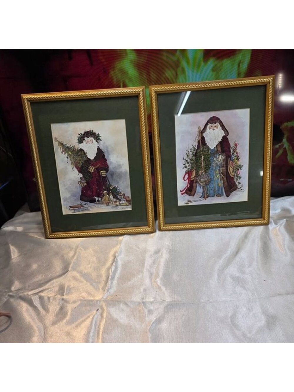 Vintage Framed Christmas Santa Art Print Pair Set